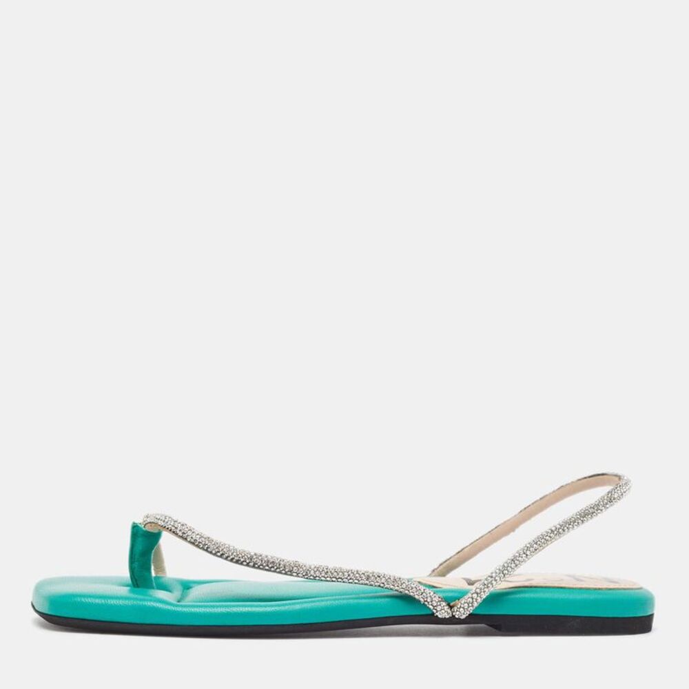 N21 Green Leather Crystal Embellished Slingback Sandals Size 38.5